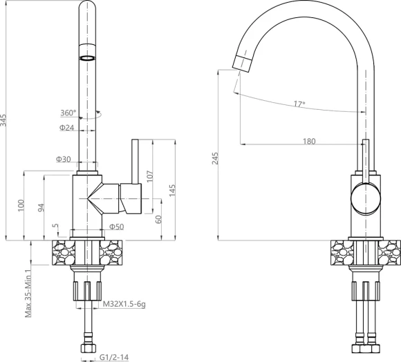 GRANFEST Смеситель для кухни U-обр. D-35мм топаз арт.