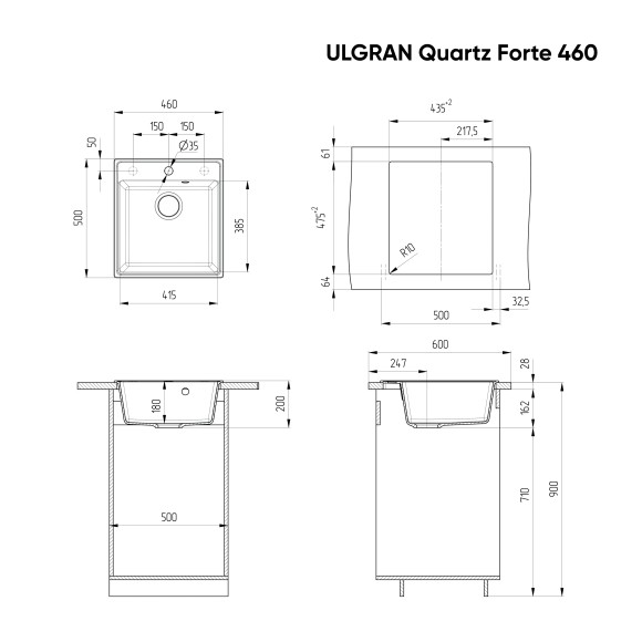 Мойка ULGRAN Quartz Forte 460-09, асфальт