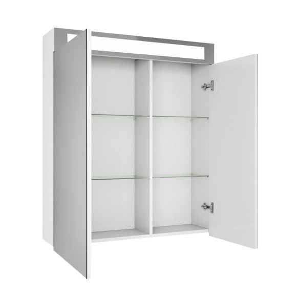 Шкаф зеркальный UNI, 70 см, 2 дверцы, 4 стеклянные полки, с подсветкой и выключателем, белый