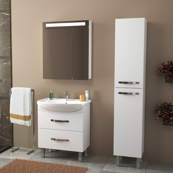 Шкаф зеркальный UNI, 70 см, 2 дверцы, 4 стеклянные полки, с подсветкой и выключателем, белый