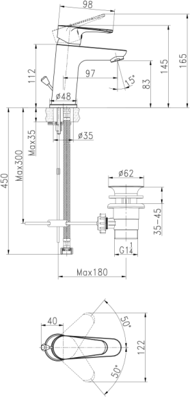 Смеситель для раковины CERSANIA однорычажный сливной гарн. Смеситель для раковины CERSANIA однорычажный сливной гарн.