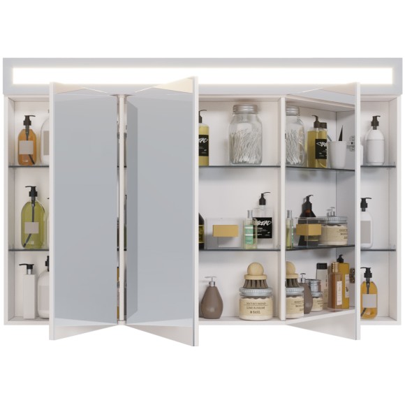 Шкаф зеркальный UNI, 120 см, 3 дверцы, 6 стеклянных полок, с LED-подсветкой и выключателем, белый