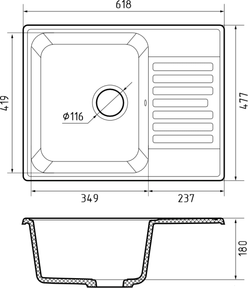 GRANFEST Мойка QUARZ 13  1-чаша+крыло 620*480мм бежевый арт.GF-Z-