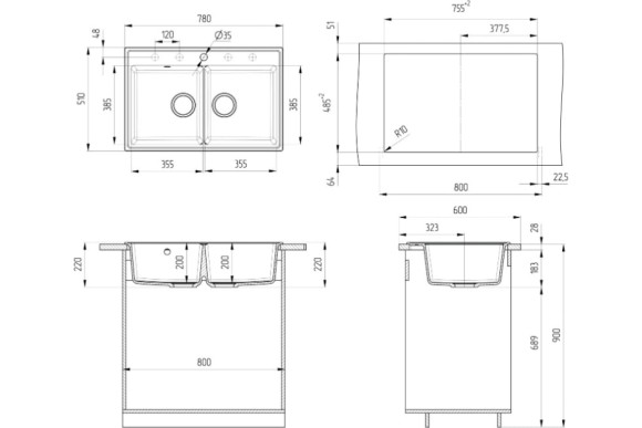 Мойка ULGRAN Quartz Ruma 780-07, уголь Мойка ULGRAN Quartz Ruma 780-07, уголь