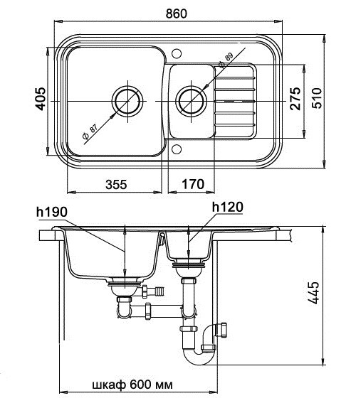 EWIGSTEIN Мойка ANTIK 60KF  1,5-чаши+крыло 860*510мм антрацит арт.EW-
