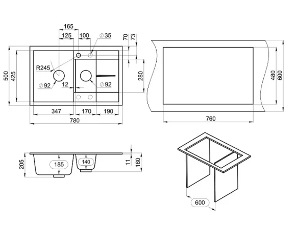 7802, ШВАРЦ (чёрный металлик), кухонная мойка, кварц 7802, ШВАРЦ (чёрный металлик), кухонная мойка, кварц