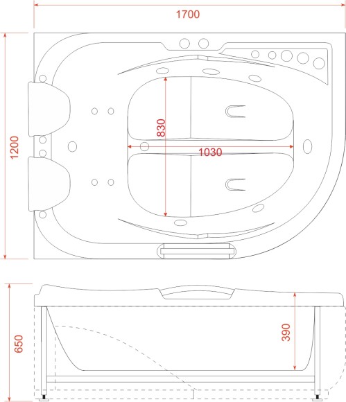 Ванна ГМ 1200*1700*650 с насосом OLB-807 R с переливом