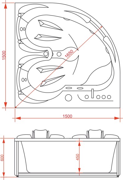 Ванна ГМ 1500*1500*600 с насосом OLB-826 правая с переливом