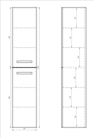 Пенал ALMI, 35 см, подвесной/напольный, универсальный, 2 дверцы, 4 стеклянные полки, белый глянец