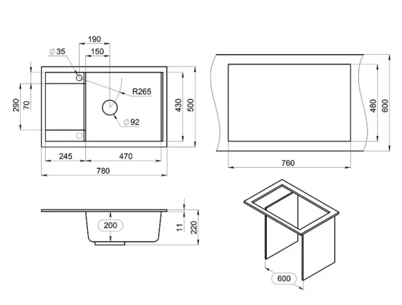 7805, ГРАФИТ (ЧЁРНО-СЕРЫЙ), кухонная мойка, кварц