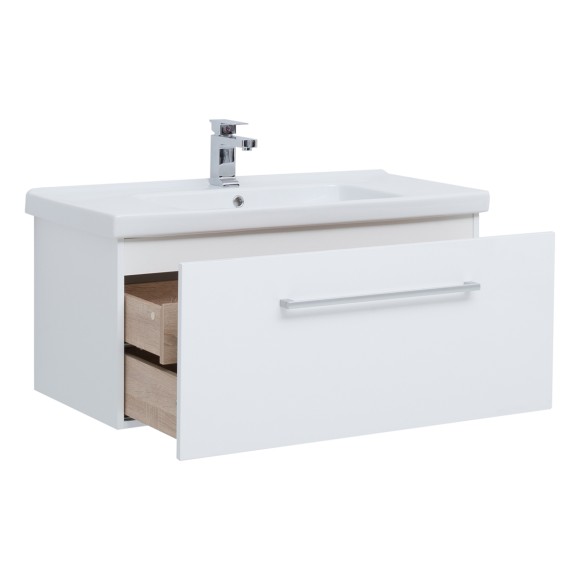 Тумба BIG INN, 80 см, подвесная, 1 ящик + выдвижной внутренний ящик, белый глянец