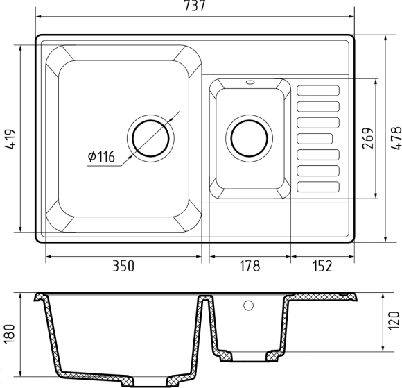 GRANFEST Мойка QUARZ 21К  1,5-чаши+крыло 740*480мм черный арт.GF-Z-