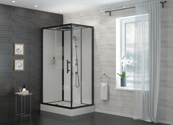 120/1 Душевая кабина 1806C-S 80*120*215 панель-стекло,профильЧёрный,полка,низ.поддон,белая.задн.ст.,прозр.стёкла,4к.
