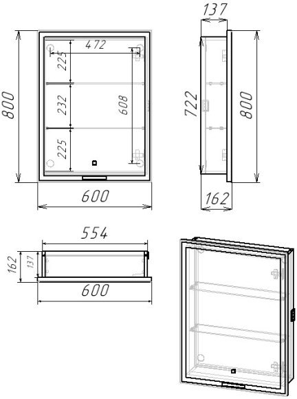 60 Зеркало-шкаф "Simona 60"(LED-подсветка, сенсорный выключатель, диммер)