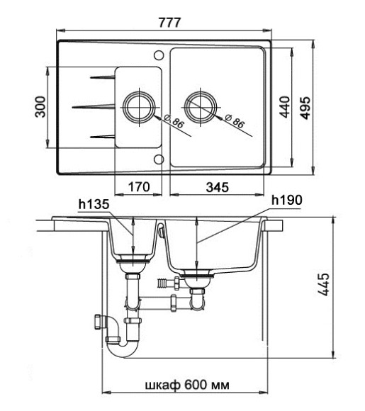 EWIGSTEIN Мойка GERD 60KF  1,5-чаши+крыло 780*500мм бежевый арт.EW-