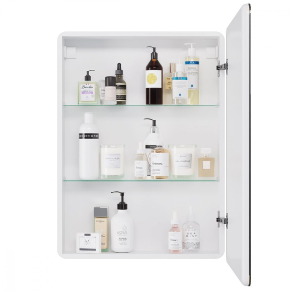 Шкаф зеркальный POINT, 60 см, 1 дверца, 2 стеклянные полки, инфракрасный выключатель, LED-подстветка, розетка, белый