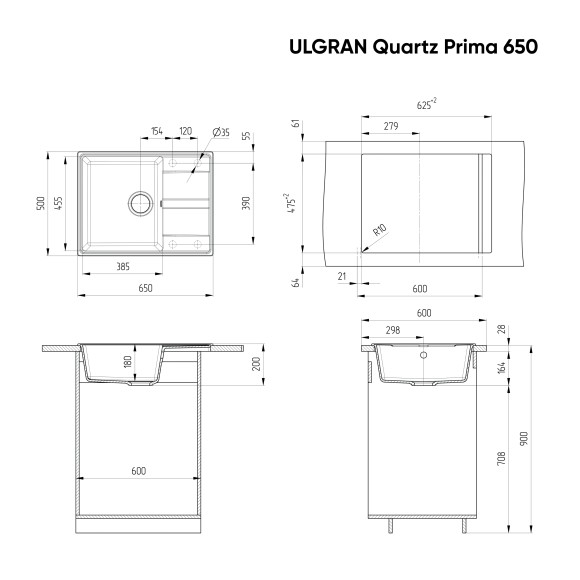 Мойка ULGRAN Quartz Prima 650-02, лен