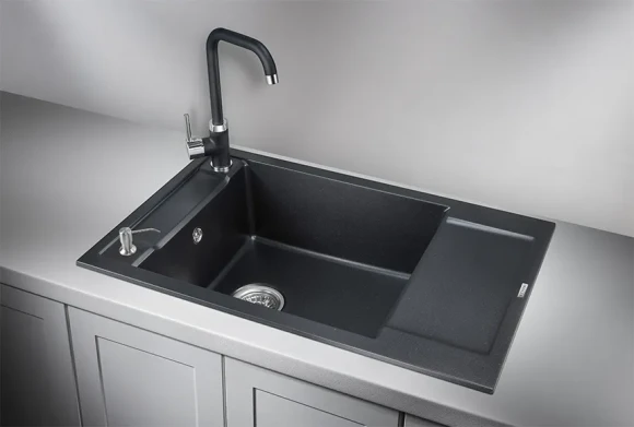 7806, ШВАРЦ (чёрный металлик), кухонная мойка, кварц