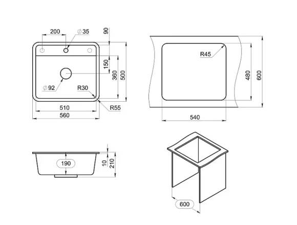 5601, БАЗАЛЬТ, кухонная мойка, СтандАРТ кварц