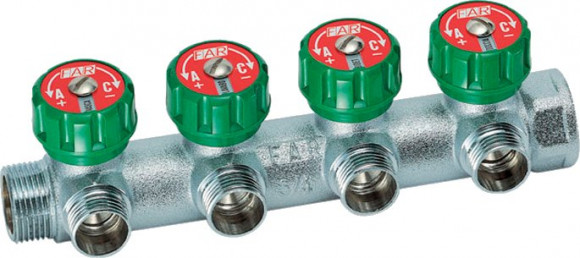 Коллектор FAR 1&quot; х 3/4&quot; 4 выхода, регулирующий, плоское уплотнение