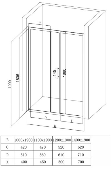 EG1C Душевое ограждение в проем EvaGold 140х190, профиль хром, прозрачное стекло EG1C Душевое ограждение в проем EvaGold 140х190, профиль хром, прозрачное стекло
