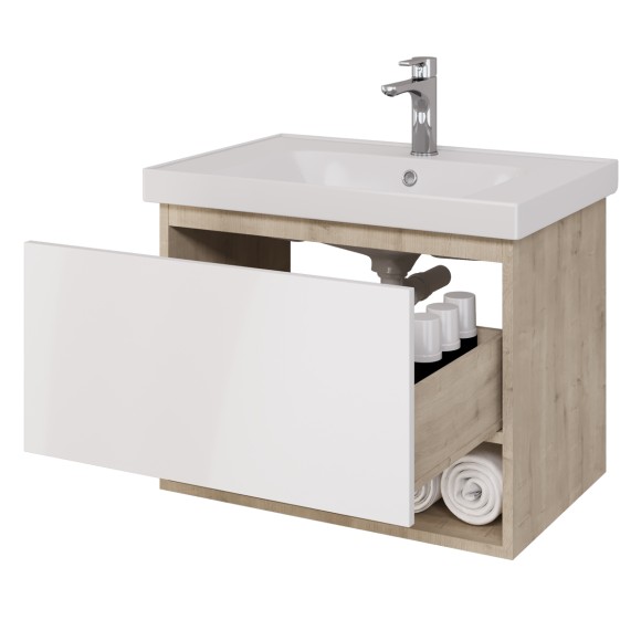 Тумба PERFECTO, 70 см, подвесная, 1 ящик, дуб эврика/белый глянец Тумба PERFECTO, 70 см, подвесная, 1 ящик, дуб эврика/белый глянец