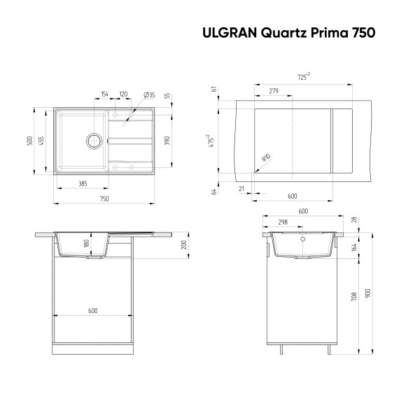 Мойка ULGRAN Quartz Prima 750-02, лен Мойка ULGRAN Quartz Prima 750-02, лен