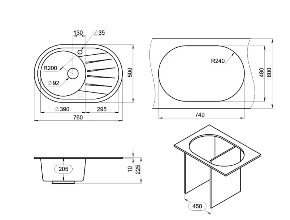 7601, ГРАФИТ, кухонная мойка, СтандАРТ кварц