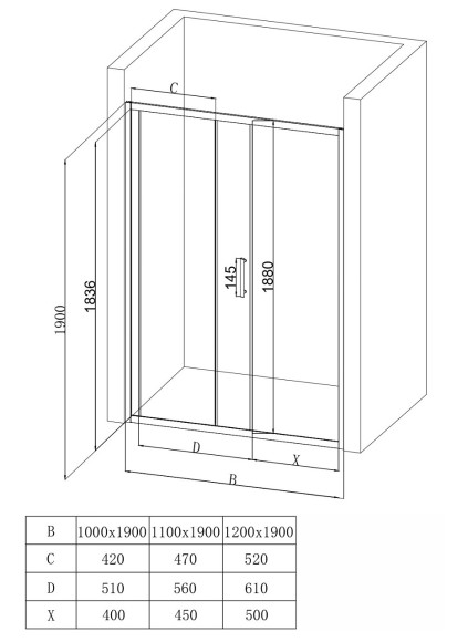 EG1B Душевое ограждение в проем EvaGold 120х190, профиль черный матовый, прозрачное стекло