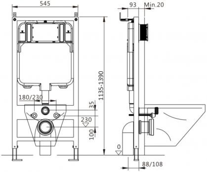 Инсталляция EvaGold 545-1 для подвесного унитаза кнопка пластик квадрат белая глянец 