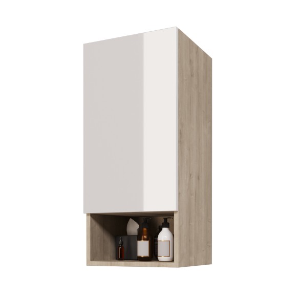 Полупенал PERFECTO, 35 см, подвесной, универсальный, 1 дверца, 1 стеклянная полка, дуб эврика/белый глянец