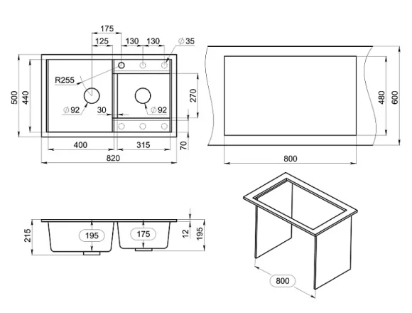 8201, ГРАФИТ (ЧЁРНО-СЕРЫЙ), кухонная мойка, кварц