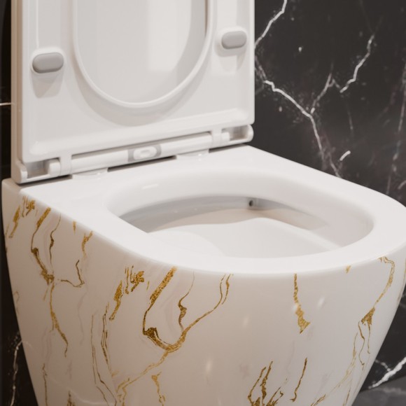 Унитаз подвесной K704MG золотой мрамор безободковый, сиденье тонкое ДП, крепления 