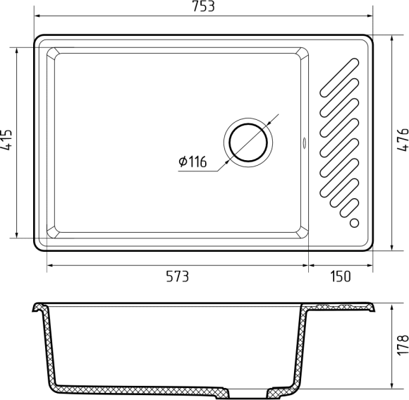 GRANFEST  Мойка QUARZ 51  1-чаша+крыло 760*480мм песочный арт.GF-ZL-