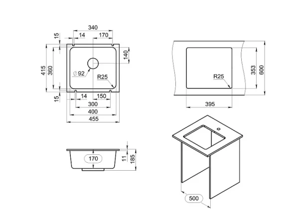 3601, ЧЁРНЫЙ, кухонная мойка, кварц