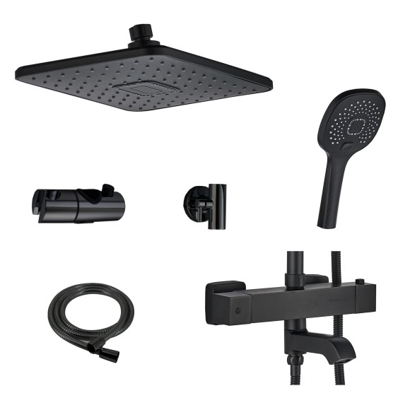 FS03B Душевая стойка со смесителем латунь, черный с терморегуляцией EvaGold