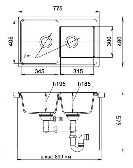 EWIGSTEIN Мойка ELEGANT 80D  2-чаши 780*480мм темно-бежевый арт.EW-