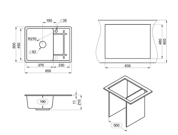6501, ЧЁРНЫЙ, кухонная мойка, кварц