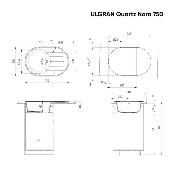 Мойка ULGRAN Quartz Nora 750-04, платина