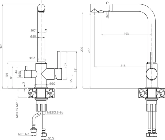 GRANFEST Смеситель для кухни Г-обр. с краном питьевой воды D-35мм бежевый арт.
