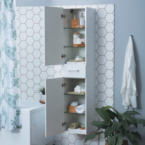 Пенал, 35 см, подвесной/напольный, универсальный, 2 дверцы, 1 ящик, 4 стеклянные полки, белый глянец