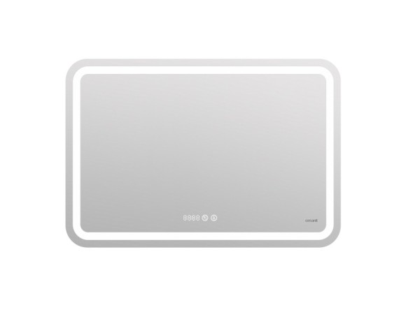 Зеркало LED 050 design pro 80x55 с подсветкой хол. тепл. cвет часы с антизапотеванием прямоугольное