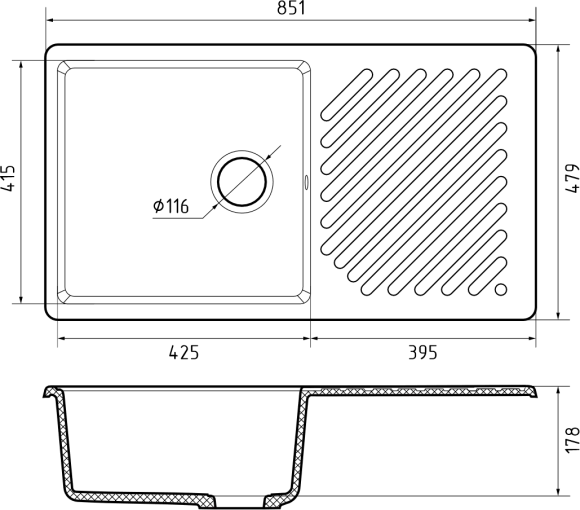 GRANFEST Мойка QUARZ 53  1-чаша+крыло 860*480мм черный арт.GF-ZL-