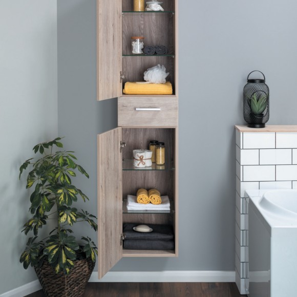 Пенал, 35 см, подвесной/напольный, универсальный, 2 дверцы, 1 ящик, 4 стеклянные полки, дуб кантри