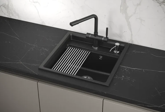 KS-5002, ШВАРЦ (чёрный металлик), кухонная мойка, кварц KS-5002, ШВАРЦ (чёрный металлик), кухонная мойка, кварц