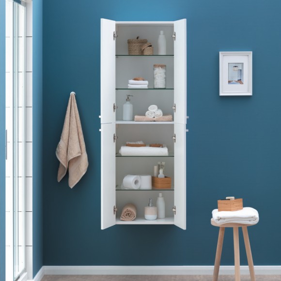 Пенал, 50 см, подвесной/напольный, универсальный, 4 дверцы, 4 стеклянные полки, белый глянец