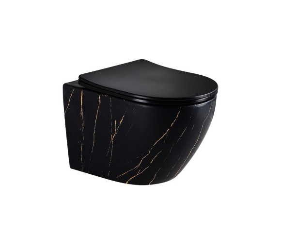 EG505Black-G Подвесной унитаз EvaGold мрамор черное золото, безободковый, сид. черн. мат. тонкое ДП 