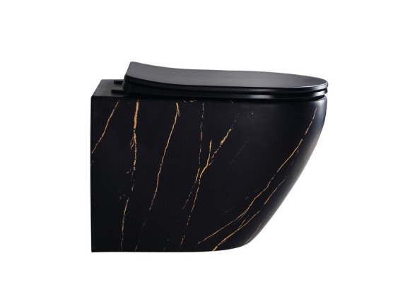 EG505Black-G Подвесной унитаз EvaGold мрамор черное золото, безободковый, сид. черн. мат. тонкое ДП 