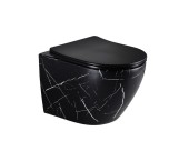 EG505Black-W Подвесной унитаз EvaGold мрамор черно-белый, безободковый, сид. черн. мат. тонкое ДП 