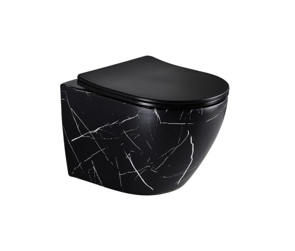 EG505Black-W Подвесной унитаз EvaGold мрамор черно-белый, безободковый, сид. черн. мат. тонкое ДП 
